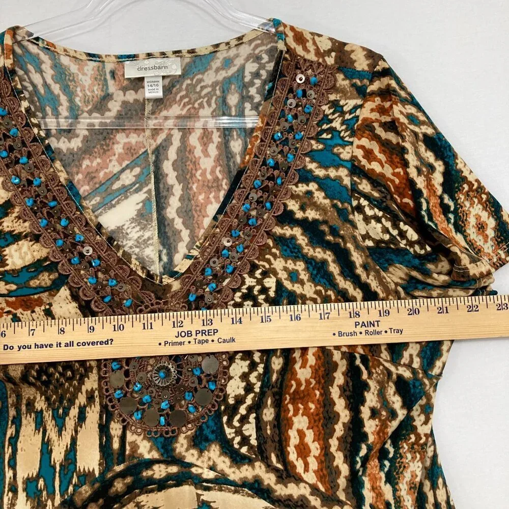 Dressbarn size 14/16‎ Brown Blue Abstract Boho Print Beaded Asymmetric Tunic